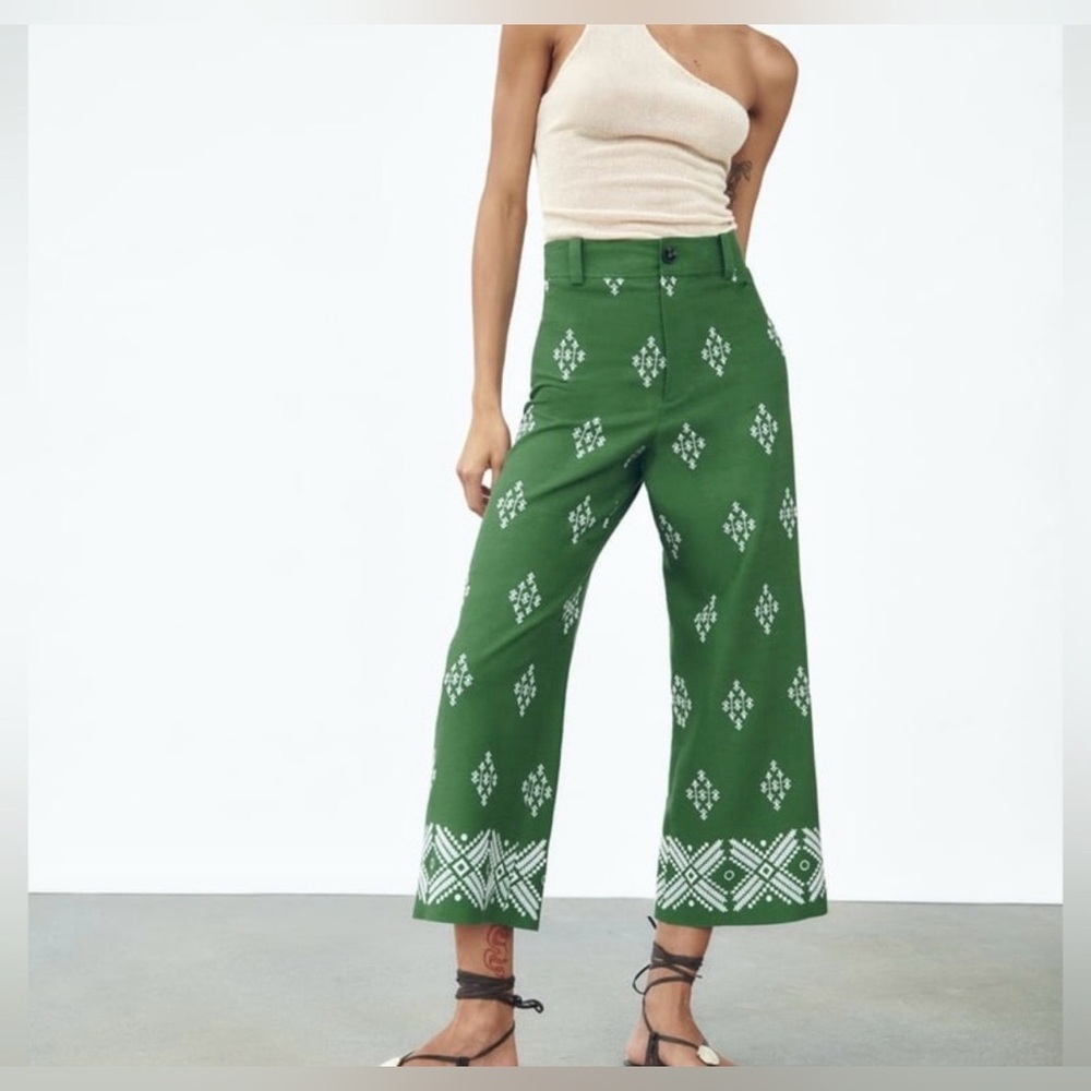 ZARA High Waisted Wide Leg Embroidered Green &White Pant